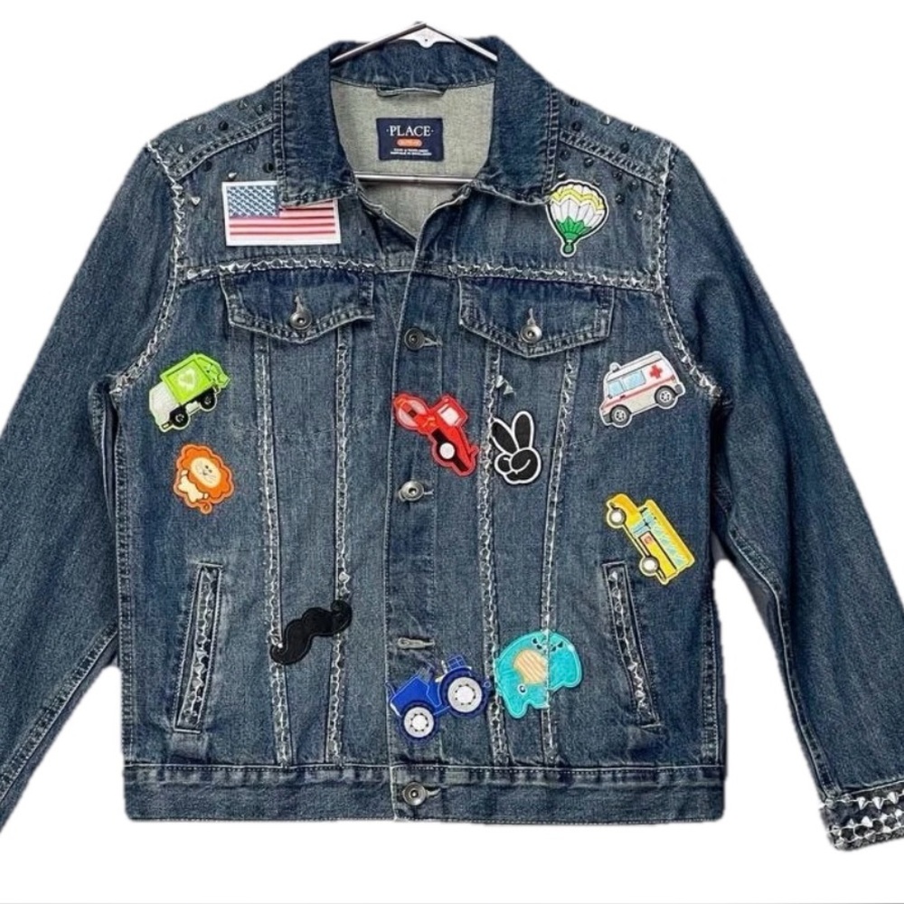 Custom Made Denim Jacket Boys Sz 14 XL Embellished Desmon Cotton DIY Punk Hippie